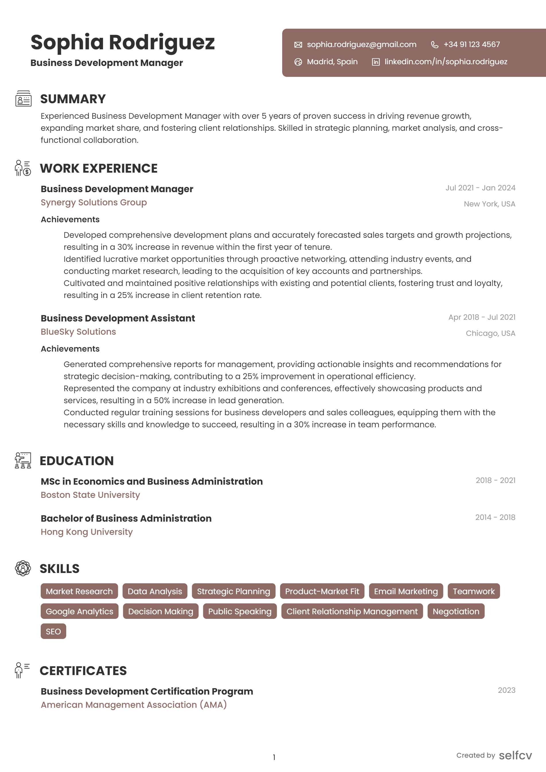 Single column resume format